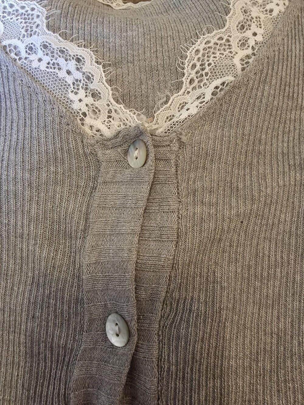 Gray Ribbed Button-Front Lace-Trim Cardigan Sweater - Picture 7 of 8